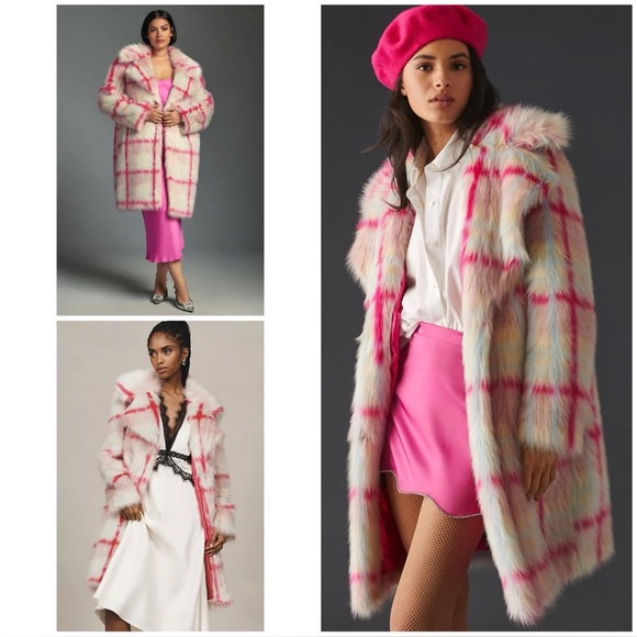 NVLT Anthropologie Tartan Plaid Faux Fur Coat - Pink and White - Picture 8 of 15